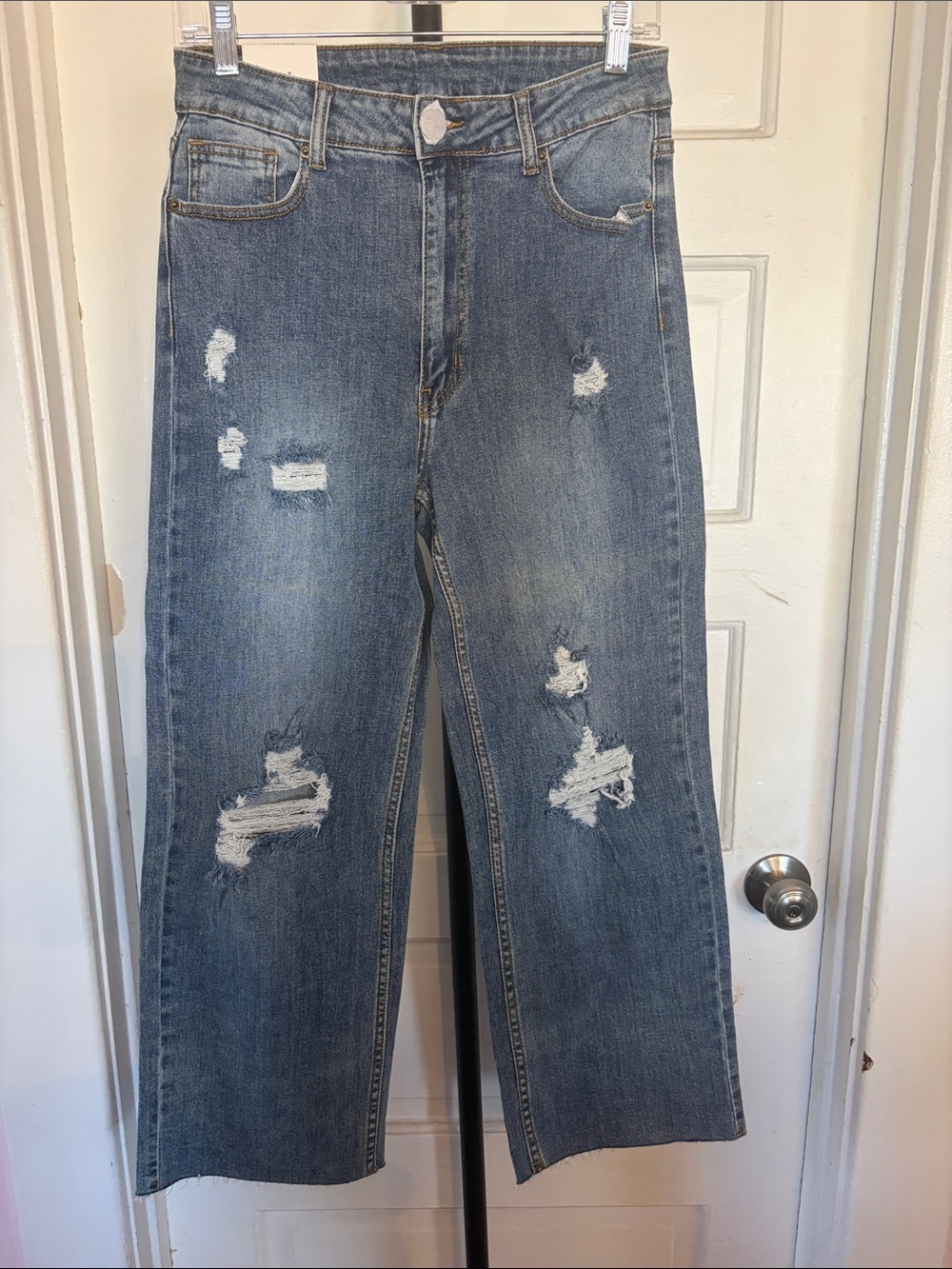 Kids Distressed Wide-Leg Jeans in Mid Blue